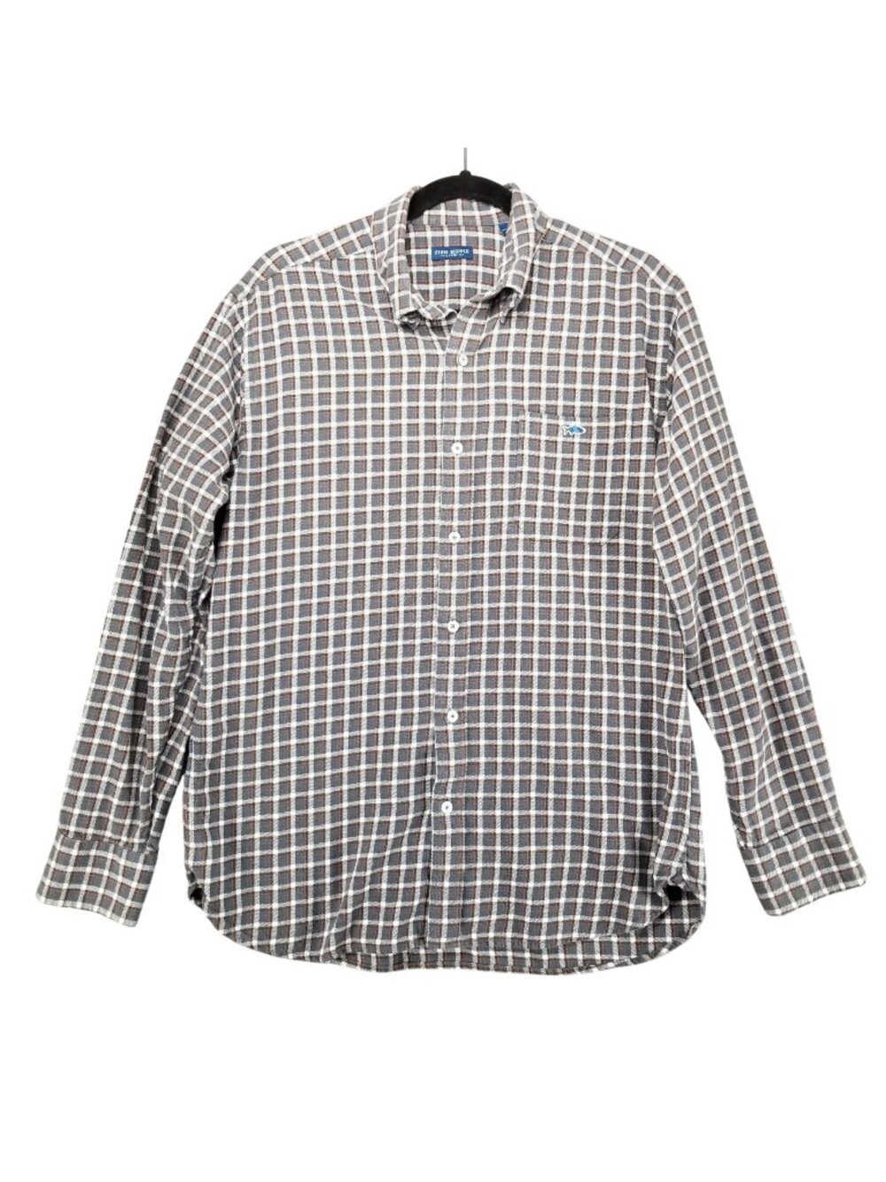 Fish Hippie Shirt Mens Large Gray Plaid Flannel Button Up Long Sleeve